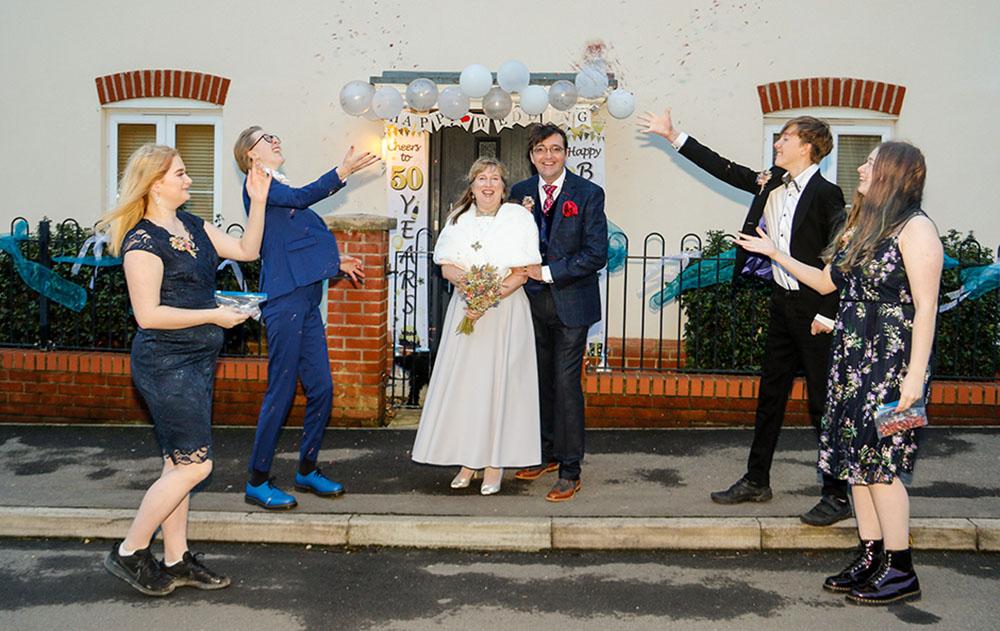 Laura and Guy celebrating their wedding day