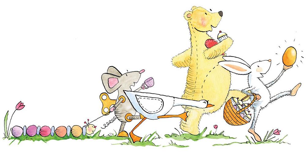 The Easter Bunny leads the lost toys holding a golden egg