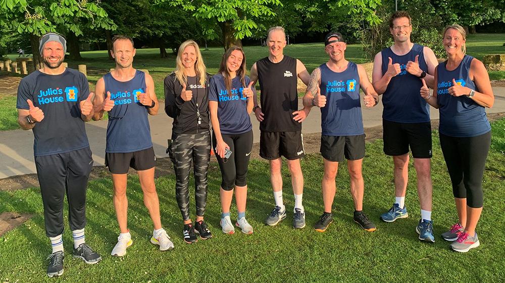 L-R Chris Fairfax, Alex Bonnet, Liz Yelling, Kelly Black, Martin Edwards CEO Julia's House, Sash Von Rappard and Mark Nixon with Caroline Attreed of Julia's House