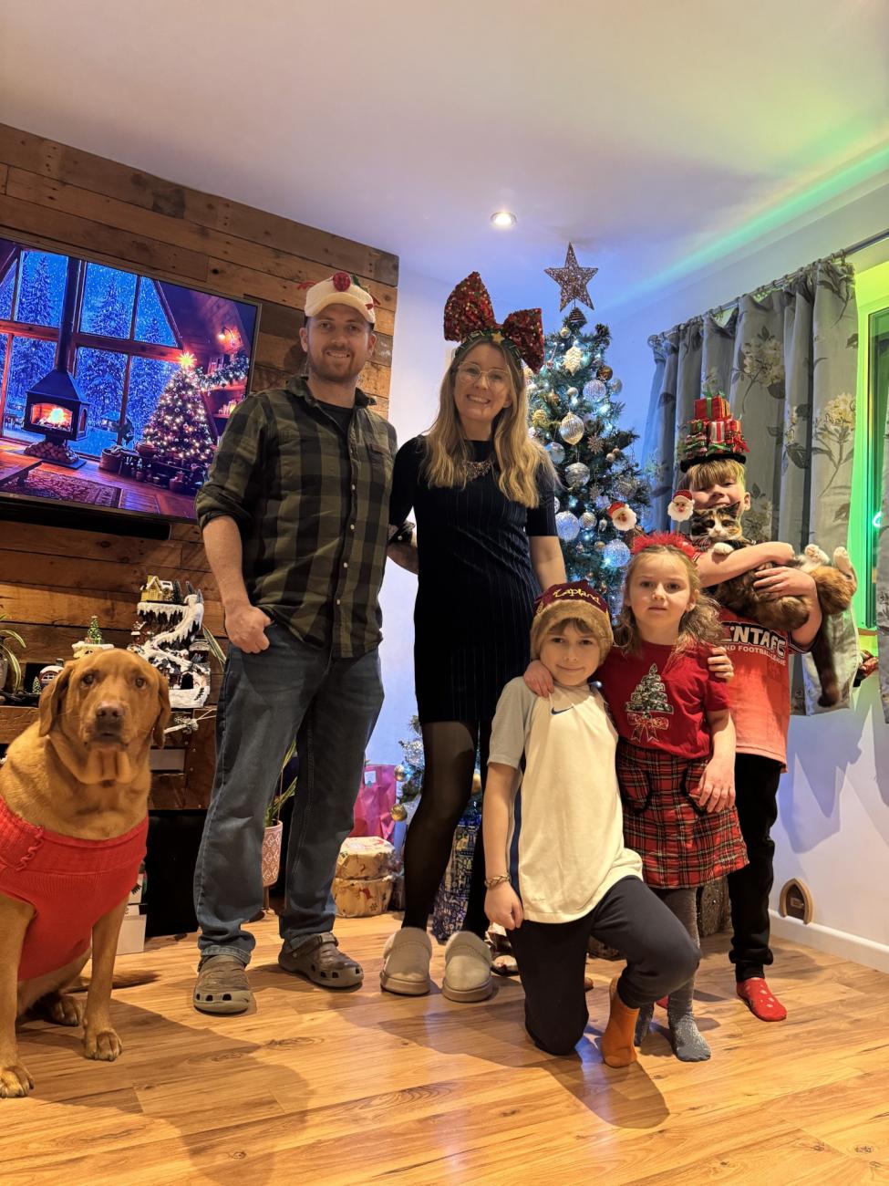 Skye with her family and pets on Christmas morning